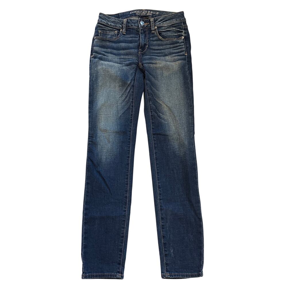American Eagle Jeans Womens 2 Reg Blue Skinny Super Stretch Low Rise Distressed